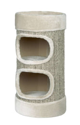 Katzenbaum "LITTLE LAZY" in zylindrischer Form mit Öffnungen und beigen Kanten aus grauem Stoff. Ideal zum Spielen und Relaxen.
