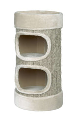 Katzenbaum "LITTLE LAZY" in zylindrischer Form mit Öffnungen und beigen Kanten aus grauem Stoff. Ideal zum Spielen und Relaxen.