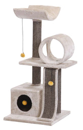 Kratzbaum "KANO Plus" in hellgrau mit stabiler Basis, Spielzeugkugel und Liegefläche für Katzen.