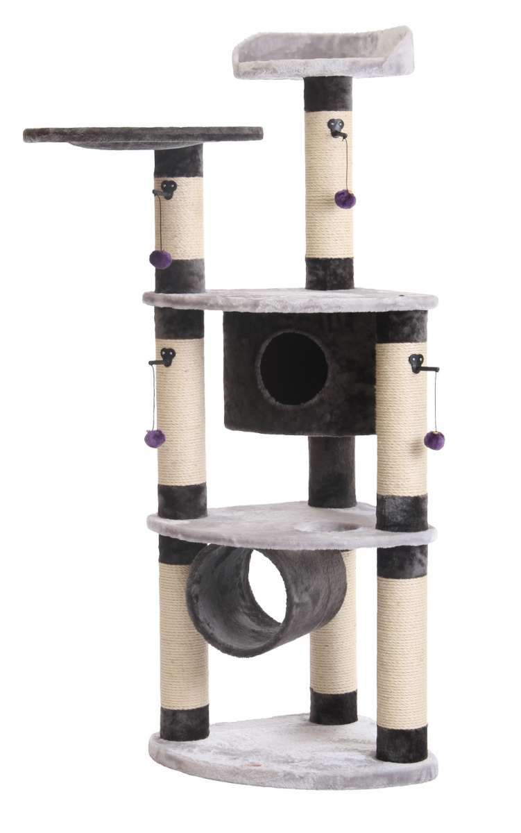 Kratzbaum "SANTOS Plus" mit mehreren Ebenen, Höhle, Tunnel und sisalummantelten Säulen, weich gepolstert in Grau.
