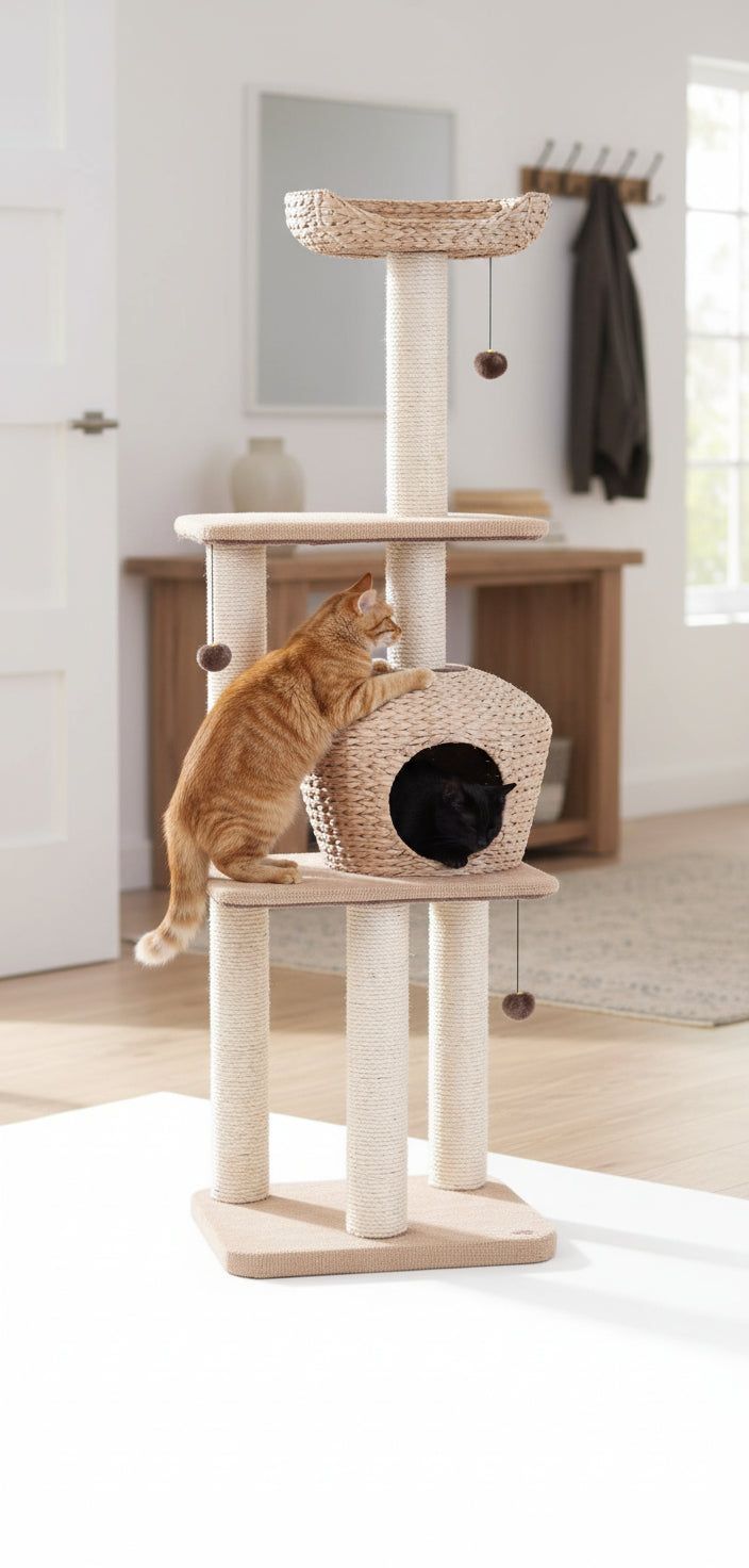"Moderner, mehrstöckiger Kratzbaum NANUK mit Höhle und Ruheplatz für Katzen im stilvollen Raum."
