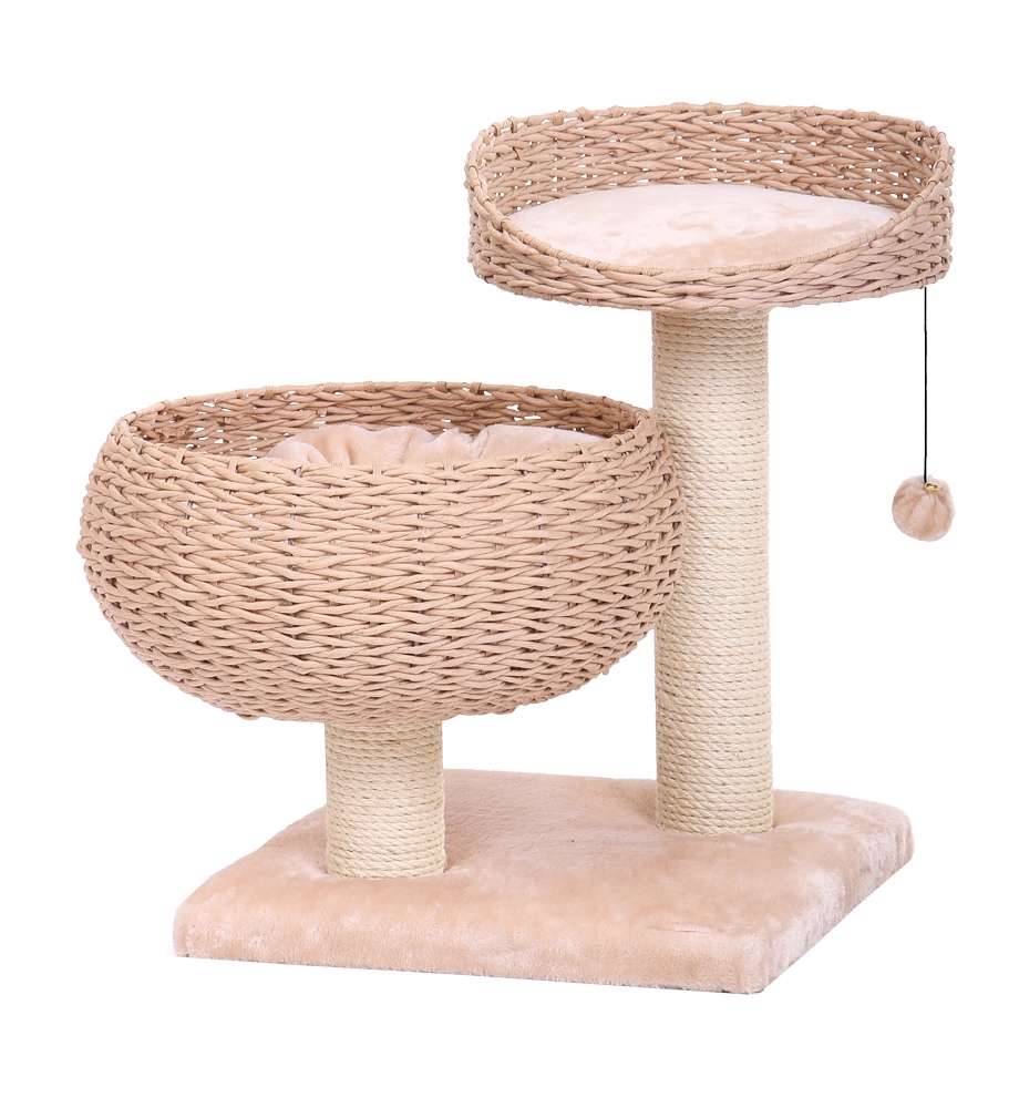 Katzenkratzbaum "CASCA" mit geflochtenen Plattformen und gepolsterten Kissen für ultimativen Spiel- und Ruheplatz.