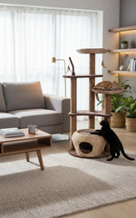 Schwarzer Kater kratzt am modernen Kratzbaum ESTACA in einem stilvollen Wohnraum mit grauem Sofa.