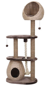 Katzenkratzbaum "BARELI" mit Birnenhöhle, Spielkugel und strukturiertem Sisalstamm zum Kratzen und Spielen.