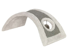 Kratzbrett "MARCIE" für Katzen mit sisalummanteltem Bereich und rundem Spielzeugloch im modernen, geschwungenen Design.