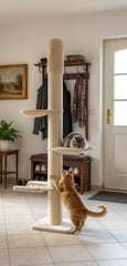 "Beiger Kratzbaum KALIN im Wohnzimmer mit grauer und orangefarbener Katze auf mehreren Plattformen."