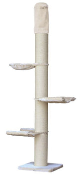 Beige Kratzbaum "KALIN" für Katzen mit gepolstertem Hauptstamm und drei erhöhten Liegeflächen in runder Basis.