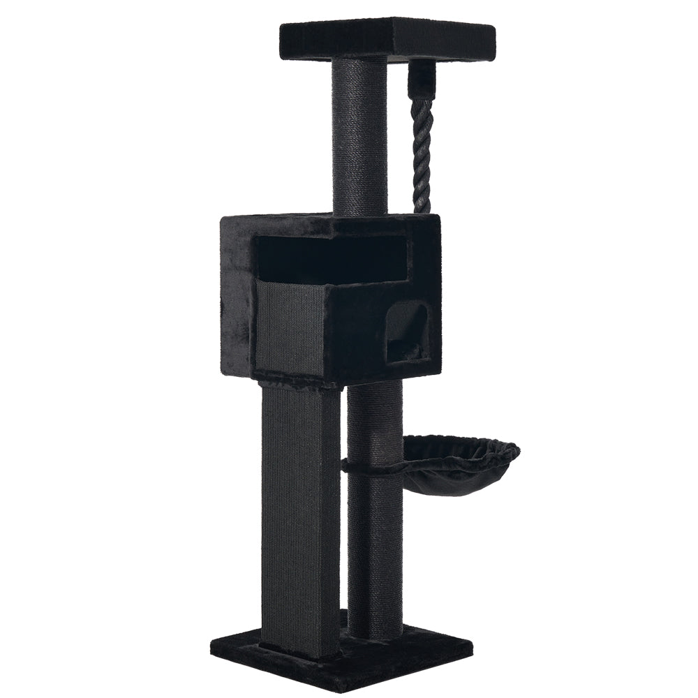 Schwarzer Kratzbaum YOAN mit mehreren Etagen, Schlafbox, Liegeplatz und hängender Schaukel – ideal für Katzen.