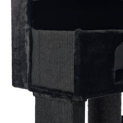 "Schwarzer Kratzbaum YOAN mit weichem Stoff, gemütlicher Höhle und kratzfesten Elementen für Katzen."