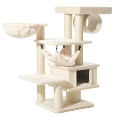 Kratzbaum ELIN in beige mit mehreren Ebenen, Hängematte und Höhle für Katzenkomfort und Spielspaß.