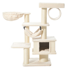 Katzenfreundlicher Kratzbaum ELIN in Beige mit mehreren Ebenen, Hängematte und Korbschlafplatz für optimalen Spielspaß.