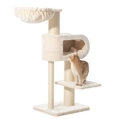 Kratzbaum TOVE in hellem Beige mit Schlafliege, Ausschlussraum und Kratzstämmen für Katzen.