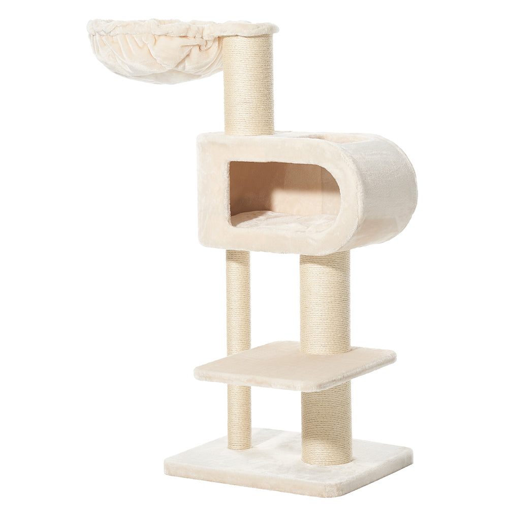 Beige Katzenbaum TOVE mit Höhle, Schlafbereich, Kratzstämmen und weicher Polsterung für Katzen zum Spielen.