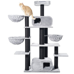 Großer Kratzbaum TODOR für Katzen mit mehreren Ebenen, Häuschen und Kratzstämmen in Schwarz, bezogen mit grauem Plüsch.