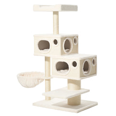 Kratzbaum BINKA in neutralen Farben mit mehreren Ebenen, Höhlen und weichen Plattformen für Katzen.