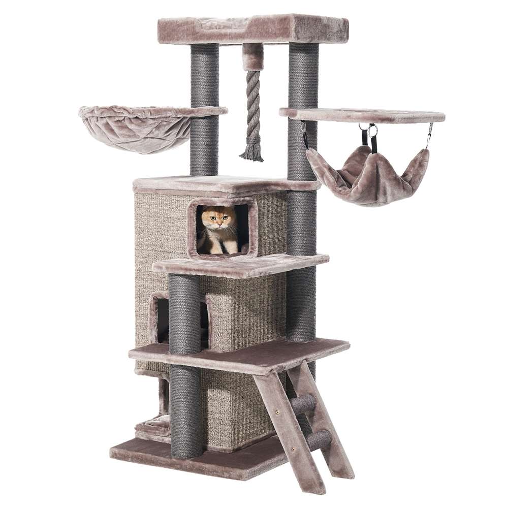 Kratzbaum "RAYA" mit Höhle, Hängematte und Schlafschale in Grautönen, ideal für Katzen zum Spielen und Entspannen.