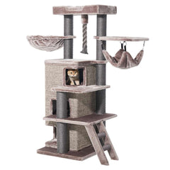 Kratzbaum "RAYA" mit Höhle, Hängematte und Schlafschale in Grautönen, ideal für Katzen zum Spielen und Entspannen.