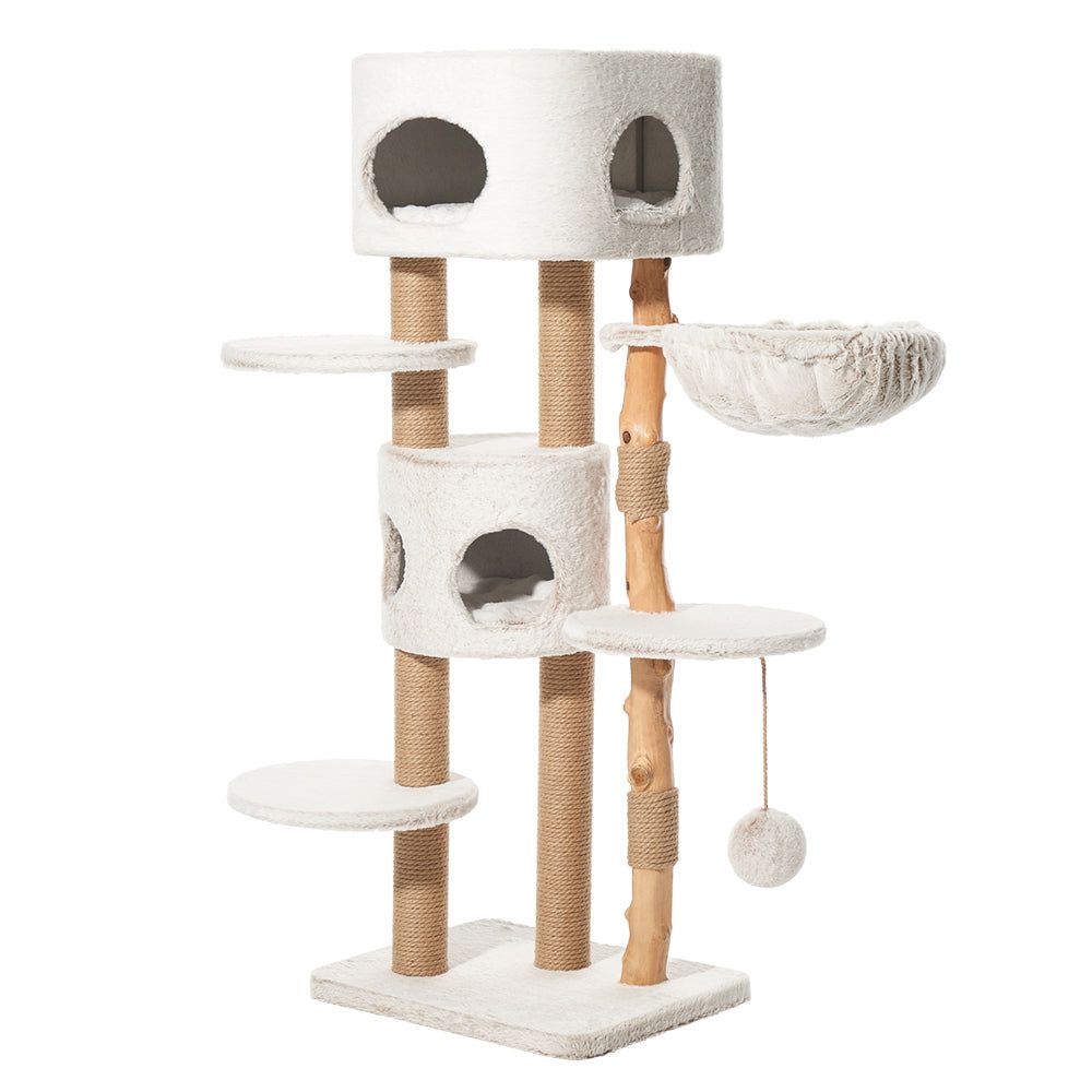 Kratzbaum LOYA in hellbeigem Design mit mehreren Etagen, Höhlen, Liegeflächen und herausnehmbarem Körbchen für Katzen.