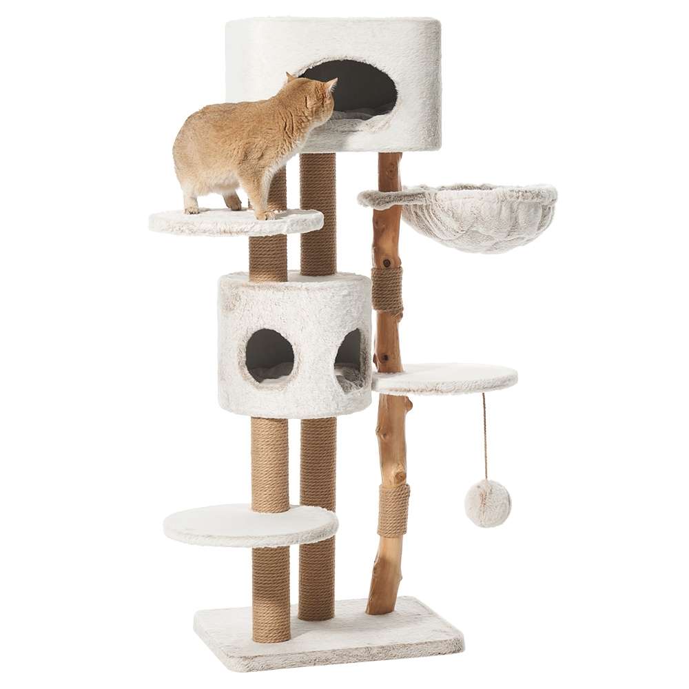 Kratzbaum "LOYA" in hellen Farben mit Versteck, Hängematte und Sisalstämmen für Katzenliebe und Spielspaß.