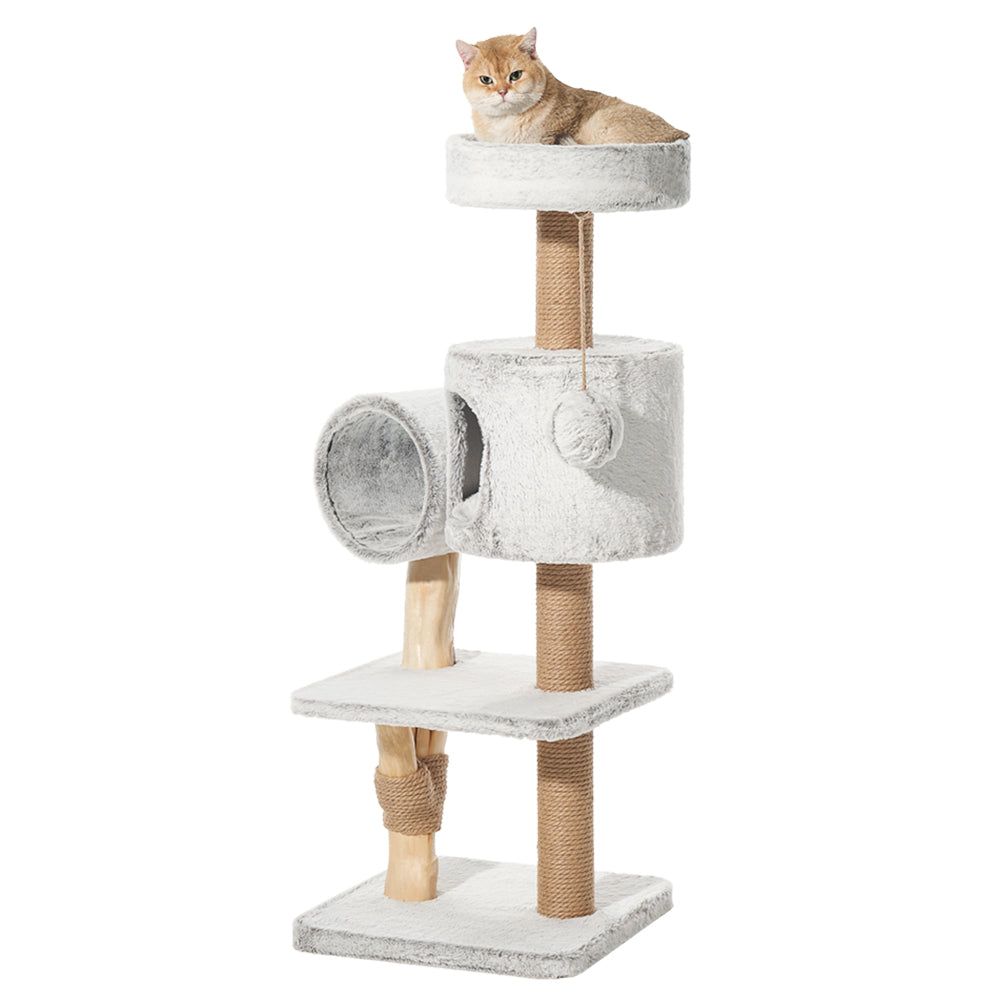 "Heller Kratzbaum RUNA mit stabiler Basis, Plattformen und Eingangsloch, ideal für Katzen zum Spielen und Entspannen."