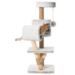 Moderner Kratzbaum RUNA in Hellgrau mit Plattformen, Höhlen und Sisalsäulen für Katzen zum Spielen und Entspannen.