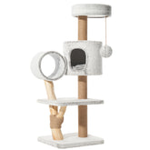 Heller grauer Kratzbaum RUNA mit mehreren Ebenen, Höhle, Tunnel, Baldachin und Spielball für Katzen.