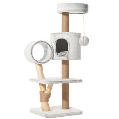 Heller grauer Kratzbaum RUNA mit mehreren Ebenen, Höhle, Tunnel, Baldachin und Spielball für Katzen.