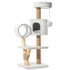 Heller grauer Kratzbaum RUNA mit mehreren Ebenen, Höhle, Tunnel, Baldachin und Spielball für Katzen.