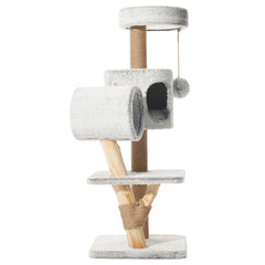 Katzenbaum RUNA in neutralem Grau mit Plattformen, Höhlen, Sisal-Elementen und Spielkugel für optimalen Kratzspaß.