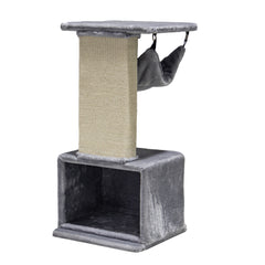 Grauer Kratzbaum IDRIS für Katzen mit stabiler Plattform, Sisal-Kratzbereich, Hängematte und geschlossenem Bereich.
