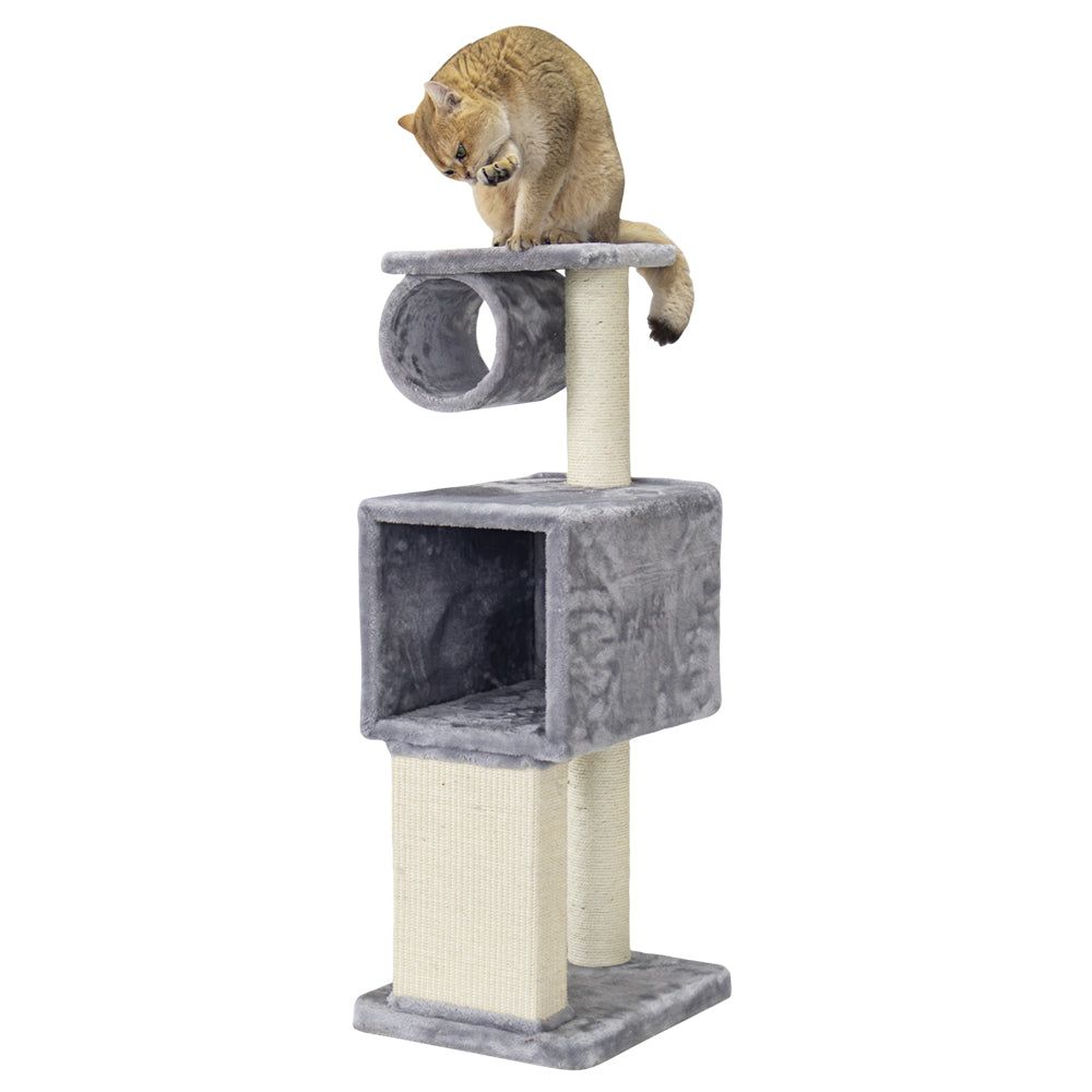 Mehrstöckiger Kratzbaum FINA aus grauem, weichem Material mit Plattform für Katzen. Stabil und komfortabel.