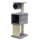 Grau melierter Kratzbaum FINA für Katzen mit Höhle, Aussichtspunkt und weicher Oberfläche. Ideal zum Spielen und Entspannen.