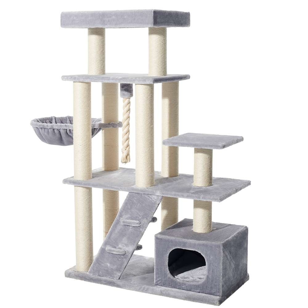 "Vielseitiger Kratzbaum 'Kilis' in grau und beige mit Plattformen und gemütlichem Nest für Katzen."