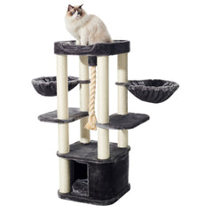 Mugla Kratzbaum in Schwarz und Beige mit mehreren Ebenen, Sisal-Stämmen und einer Katze auf der obersten Plattform.