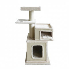 Beiger Kratzbaum für Katzen mit mehreren Ebenen, Häuschen und Kratzsäule aus weichem Plüsch.