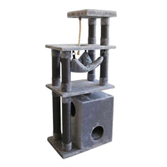 Kratzbaum "Telde small" in Grau mit Höhle, Hängematte und Plattformen für Katzen. Ideal zum Spielen und Entspannen.