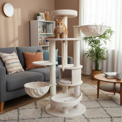 Moderner Kratzbaum FIDA small für Katzen mit mehreren Ebenen und Höhlen in hellem Wohnraum.