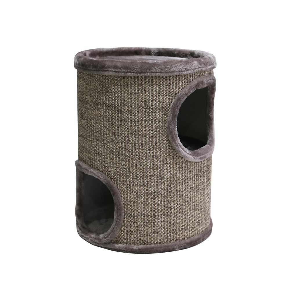 Kratztonne "Rega" in zylindrischer Form mit beigem-braunem Stoff und zwei Öffnungen für Katzen.
