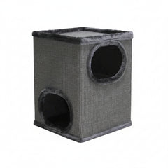 "Kratztonne 'Adra' aus grauem Geflechtmaterial, Katzen sitzen oben und zwei Eingänge für Spiel und Entspannung."