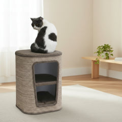 Moderne Kratztonne CAPTA in neutralen Farben mit ovaler Form, innen zwei Regale und einer Katze auf der Oberseite.