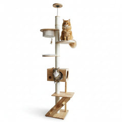 Moderner Kratzbaum ALTAI aus Holz und Sisal mit mehreren Ebenen, Höhle und Spielzeug, ideal für Katzen.