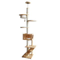 Moderner Kratzbaum "Altai" aus Holz mit Sisalstange, Plattformen und Häuschen für Katzen. Elegante, platzsparende Bauweise.