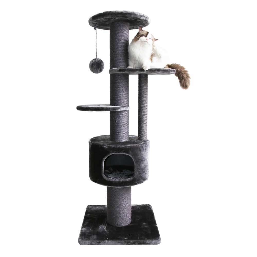 Kratzbaum "Taru" mit mehreren Ebenen, gemütlicher Höhle und Spielball, ideal für Katzen zum Spielen und Entspannen.