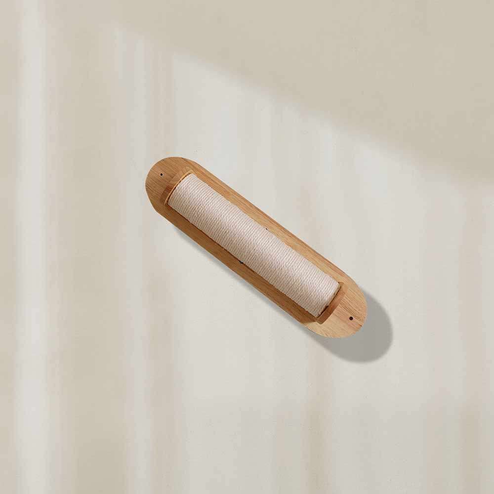 Holzhalter für Sisalstamm "Lo" mit heller Schnur, oval geformt und wandbefestigt, ideal für Katzen zum Kratzen.