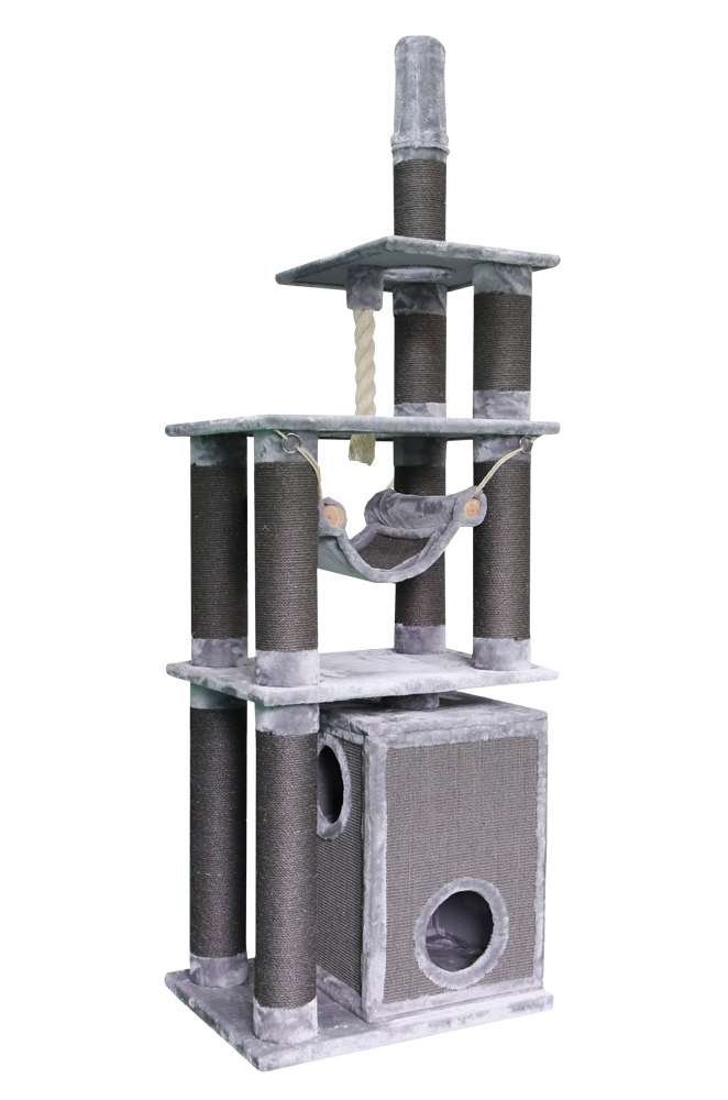 Mehrstöckiger Kratzbaum "TELDE" in Grau mit Höhle, Hängematte, Sisalständer und Spielstrang für Katzen.