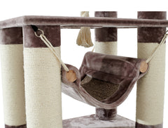 Robuster Kratzbaum TELDE mit plüschigem Design, Sisalsäulen und hängender Liegefläche für Katzenkomfort.