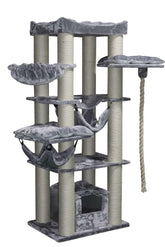 Grauer Kratzbaum "RUBI" mit weichen Liegeflächen, Sisalsäulen und Spielseil für Katzen zum Kratzen und Entspannen.