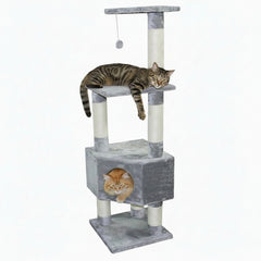 "Grauer Kratzbaum für Katzen mit mehreren Ebenen, Höhle und Plattform für gemütliche Ruheplätze."