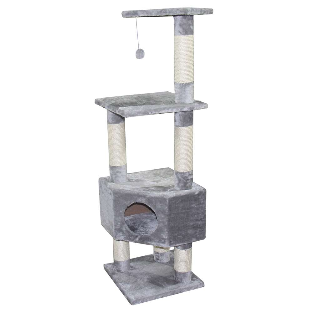"Kratzbaum Classic 'ETSCH' in grau mit mehreren Ebenen, Höhle, Sisalröhren und Spielzeug für Katzen."