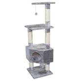 "Kratzbaum Classic 'ETSCH' in grau mit mehreren Ebenen, Höhle, Sisalröhren und Spielzeug für Katzen."
